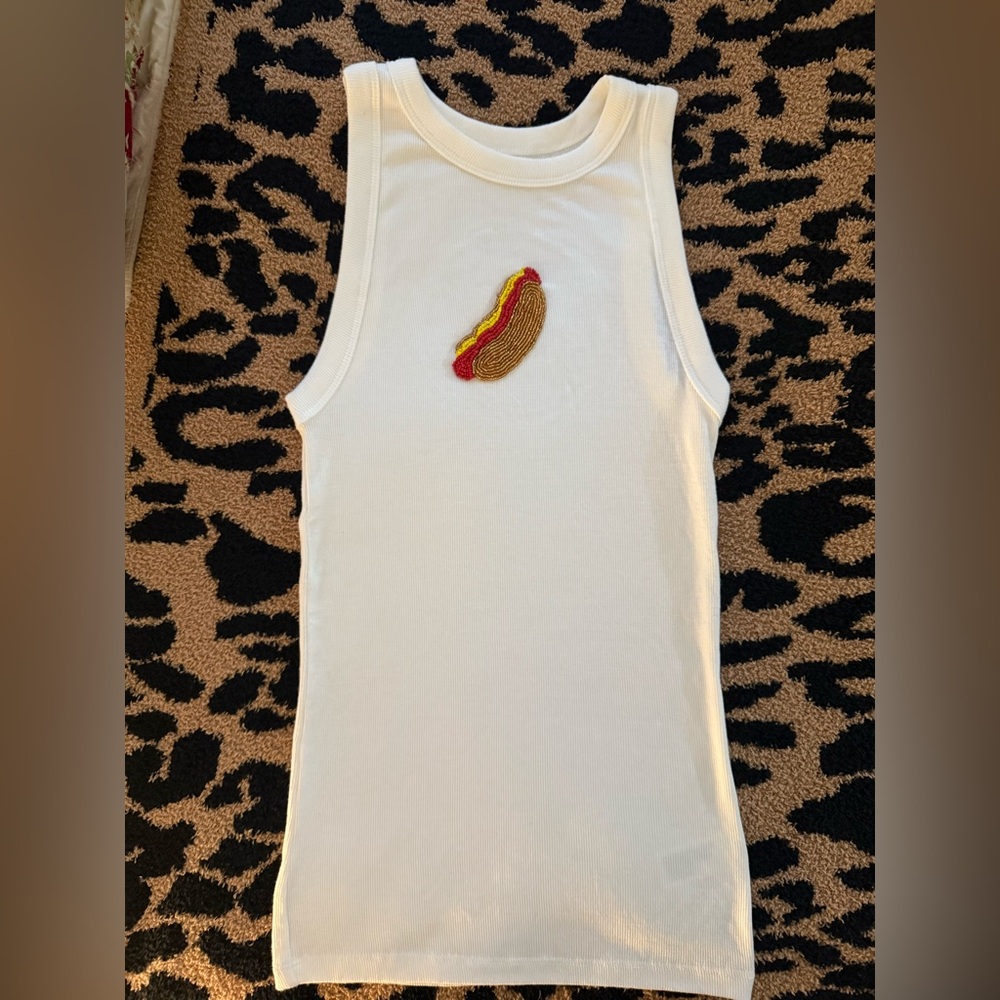 Hot Dog Hand Bead Embroidery White Tank Top (full length)